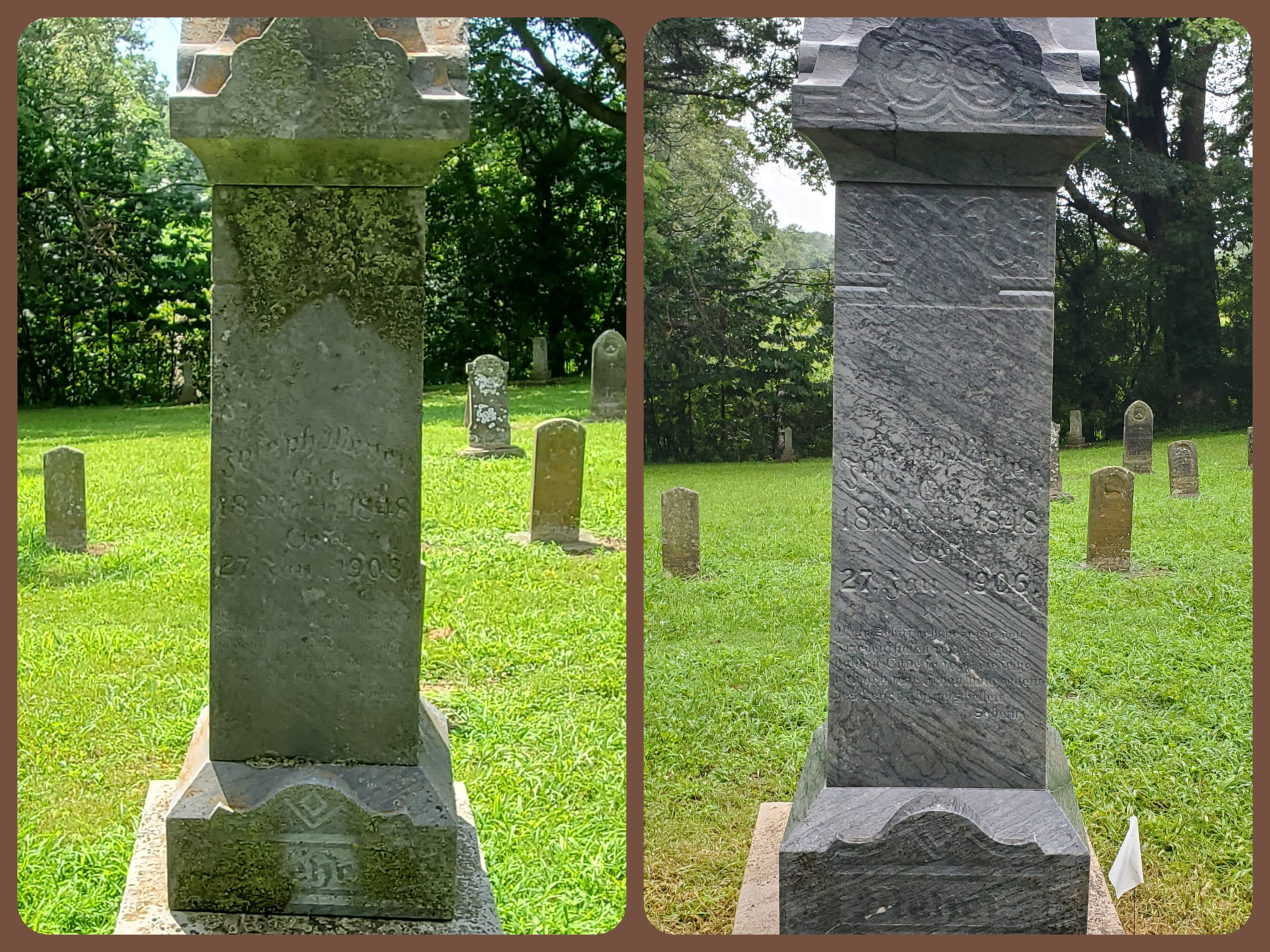 Before and after: Meyer Family — Granite obelisk, biological staining